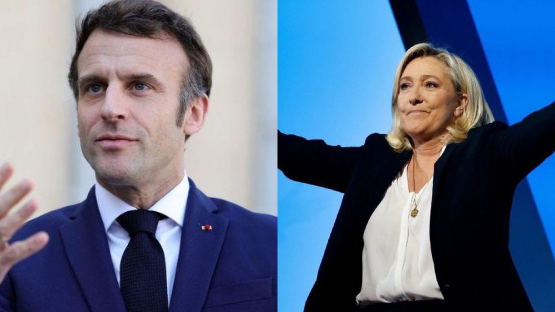 O presidente da França, Emmanuel Macron, e a deputada Marine Le Pen: adversários políticos | Montagem/SBT News 
