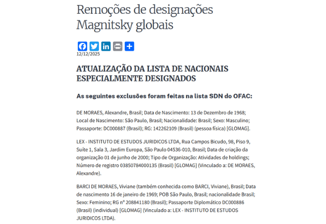 Governo dos EUA retirou Alexandre de Moraes e Viviane Barci das sanções | Foto: reprodução