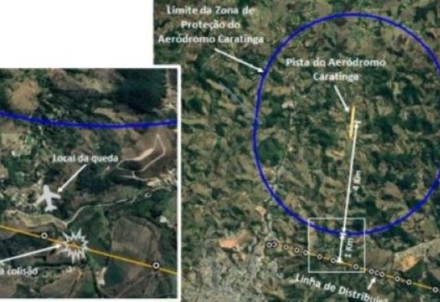 Mapa com os locais do acidente e da linha de distribuição