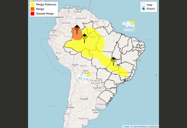 Mapa do Brasil com alertas do Inmet para tempestade. Foto: Reprodução