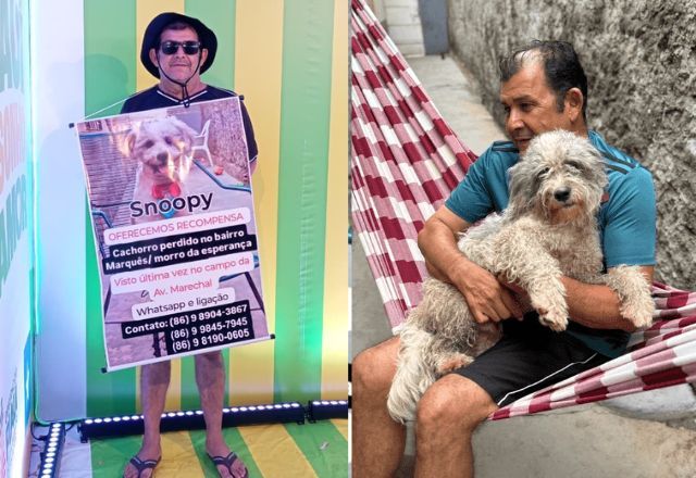Marco Antônio com a placa que carregou por seis meses e no momento em que encontra Snoopy | Fotos: Arquivo pessoal