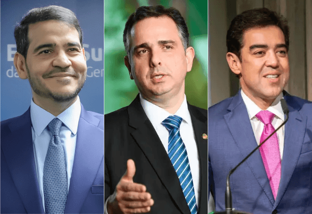 Jorge Messias (AGU) à esquerda, senador Rodrigo Pacheco (PSD-MG) no centro e Bruno Dantas (TCU) à direita