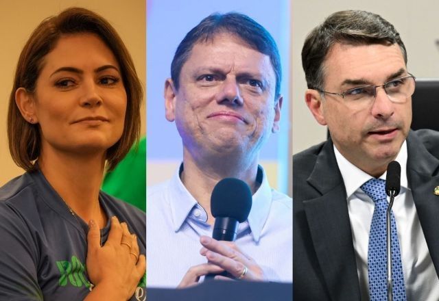 Michelle Bolsonaro (PL), Tarcísio de Freitas (Republicanos) e Flávio Bolsonaro (PL-RJ) | Divulgação/PL Mulher, Paulo Guereta/Governo do Estado de São Paulo e Edilson Rodrigues/Agência Senado