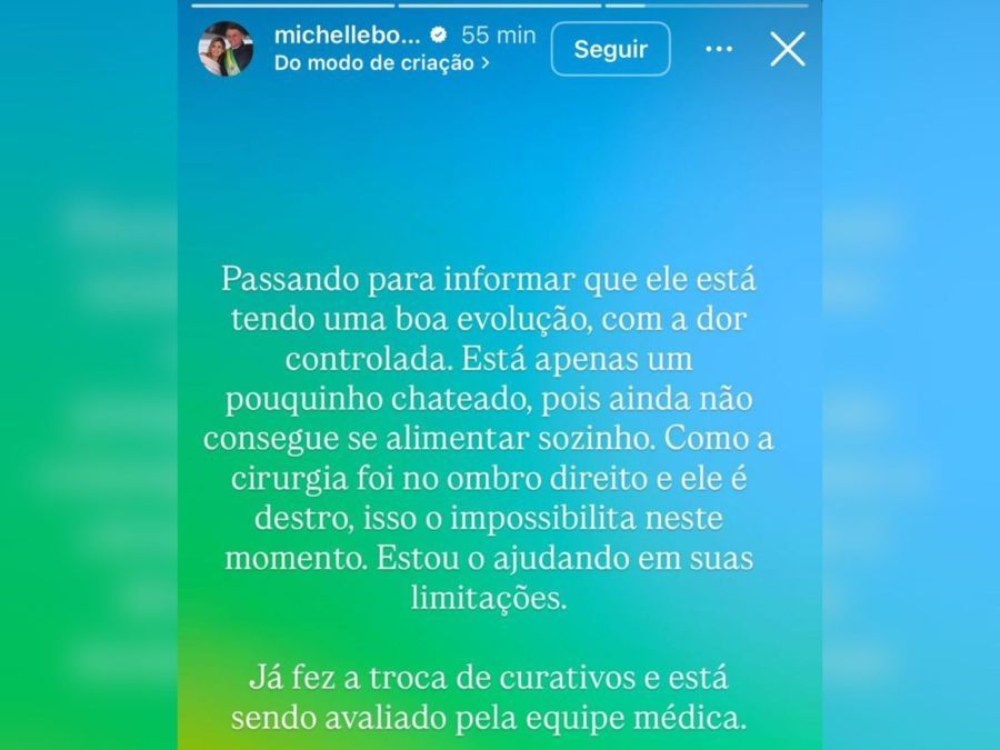 Michelle Bolsonaro contou em rede social que o ex-presidente não consegue se alimentar sozinho por causa da cirurgia no ombro direito | Reprodução/Instagram