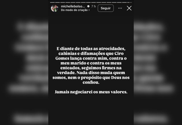 Michelle também postou vídeos com críticas de Ciro à família Bolsonaro no passado e disse: "Jamais negociarei os meus valores" | Reprodução/Instagram