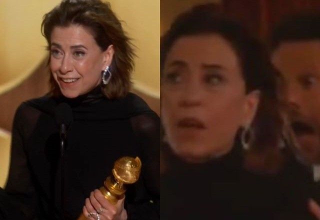 Momento do discurso e reação de Fernanda Torres e Selton Mello no anúncio do Globo de Ouro de melhor atriz em filme de drama por "Ainda Estou Aqui" | Reprodução/YouTube/Instagram