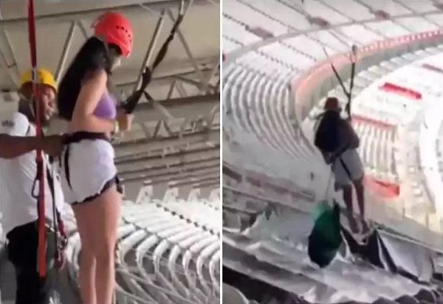 Momento em que adolescente sofre queda de 6 metros em tirolesa instalada no Mineirão