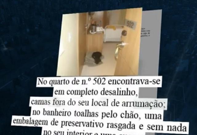 Montagem com foto de perícia no quarto onde MC Kevin estava antes de morrer, com trecho de texto de documento destacado