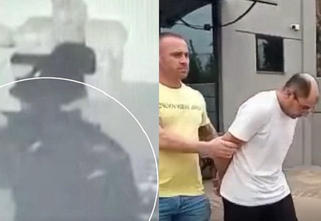 Montagem de foto com imagem de câmera de segurança mostrando homem coberto com uma capa preta e, à esquerda, homem branco e careca sendo preso