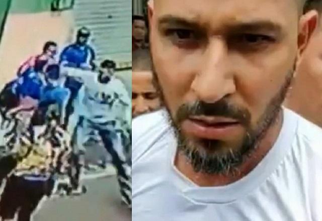 Montagem de fotos com câmera de segurança registrando briga entre dois homens e, do lado direito, face de homem branco com barba