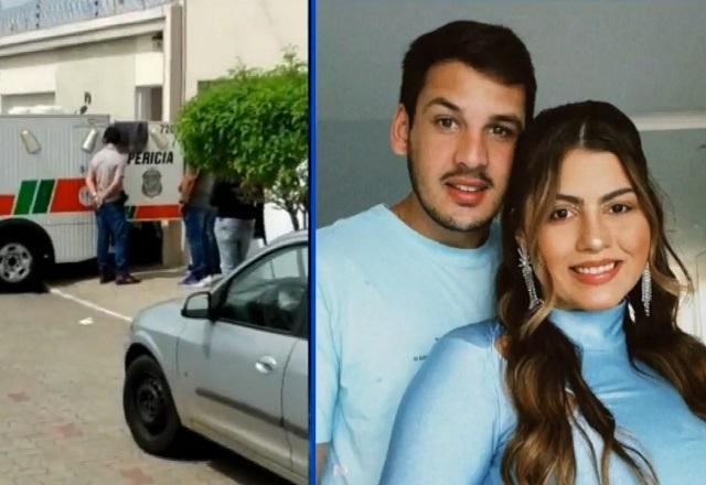 Montagem de fotos com caminhão de perícia e, á direita, casal de homem e mulher brancos