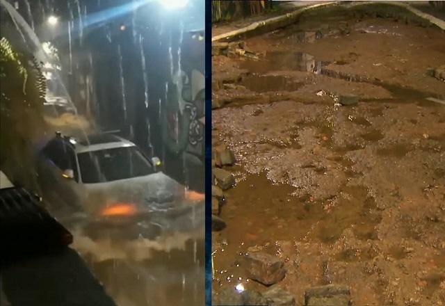 Montagem de fotos com carro inundado em enchente no Beco do Batman e, à direita, rua depois do alagamento