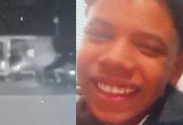 Montagem de fotos com cena de crime e jovem negro sorrindo