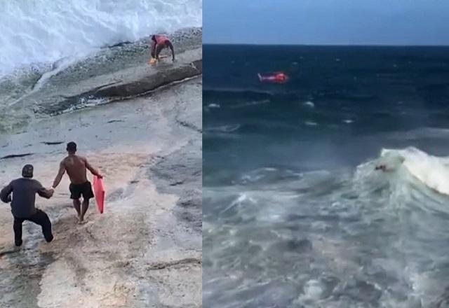 Montagem de fotos com dois homens andando sobre costão rochoso no mar em direção a outro, que engatinha. À direita, helicóptero sobrevoando mar