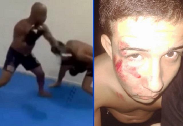 Montagem de fotos com dois homens negros durante treino de luta e, à direita, homem branco com rosto ferido