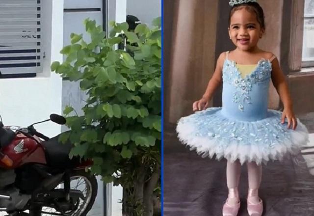 Montagem de fotos com fachada de casa com árvore na frente e, ao lado, foto de menina de dois anos com vestido de bailarina azul