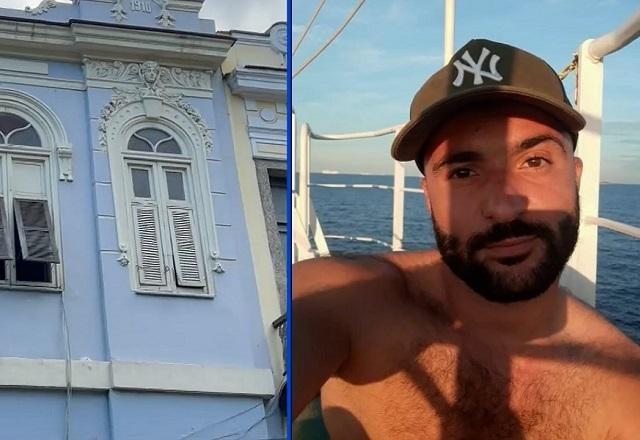 Montagem de fotos com fachada de hotel antigo em tom azul e, ao lado, homem branco em barco em alto mar