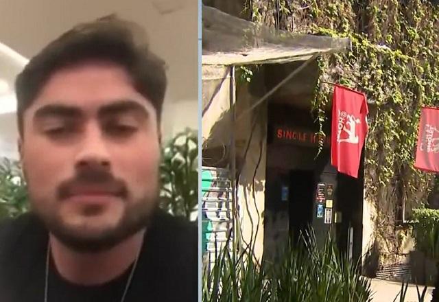 Montagem de fotos com homem branco de barba e, á direita, fachada de hotel com bandeiras em mastro, porta preta e parede coberta por vegetação verde