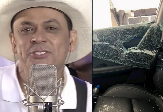 Montagem de fotos com homem branco de chapeu de cauboi cantando em frente a microfone e à esquerda, vidro de veículo quebrado