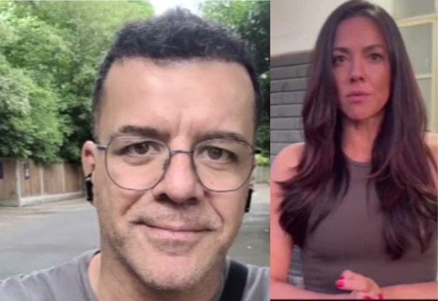 Montagem de fotos com homem branco de óculos e mulher branca ao lado direito