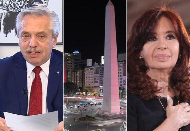 Montagem de fotos com homem branco, lendo papel à esquerda, no centro imagem de obelisco em avenida durante á noite e, á direita, mulher branca de cabelos ruivos