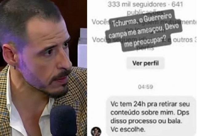 Montagem de fotos com homem branco machista e texto com ameaças feitas por ele em uma conversa nas redes sociais