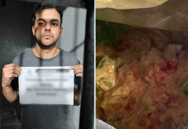 Montagem de fotos com homem branco preso e, à direita, preparo de gelatina