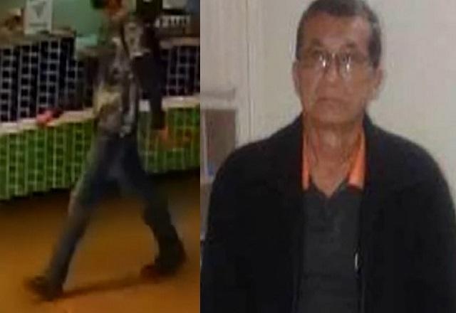 Montagem de fotos com homem caminhando flagrado por câmera de segurança e, à direita, homem idoso