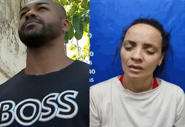 Montagem de fotos com homem negro, careca e de camiseta preta e, à direita, mulher branca, com rosto problemático, em foto de catalogação de prisão