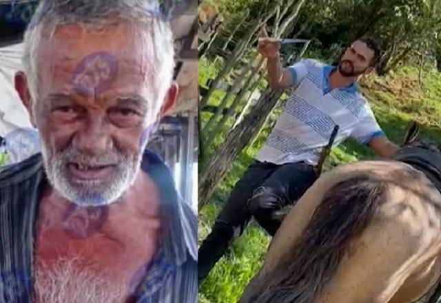 Montagem de fotos com homem negro e idoso à esquerda e, á direita, homem branco segurando faca ao lado de cavalo, de costas, em região de mata