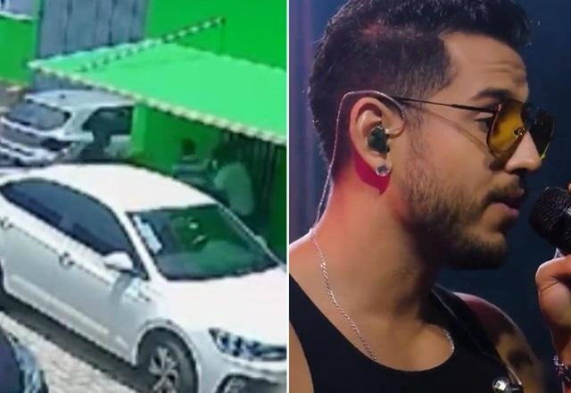 Montagem de fotos com homem sendo abordado por criminosos na frente de comércio e, à direita, homem de óculos escuro com microfone e cantando