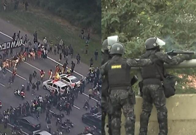 Montagem de fotos com imagem aérea de protesto e, à direita, policiais fardados com arma atirando