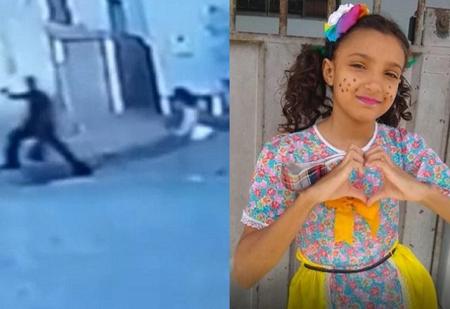 Montagem de fotos com imagem de câmera de segurança em preto e branco a esquerda, mostrando um homem e uma criança caminhando em uma rua e, à esquerda, uma menina vestida de caipira