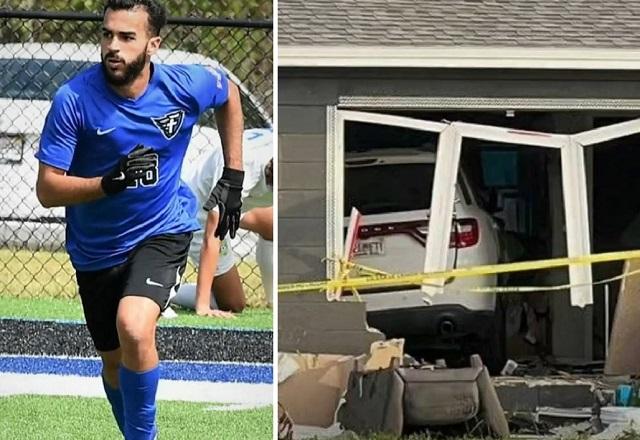Montagem de fotos com jovem branco, atleta de uniforme de futebol, ao lado de carro branco dentro de imóvel após invasão e acidente