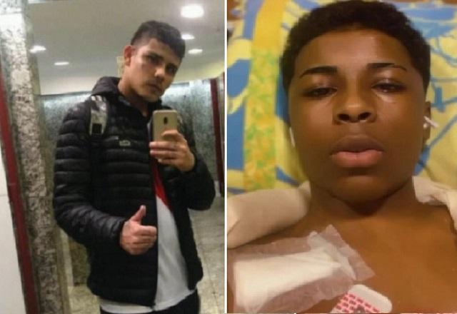 Montagem de fotos com jovem branco, tirando foto em frente a espelho e, à esquerda, jovem negro em cama de hospital, com curativos na região do peito