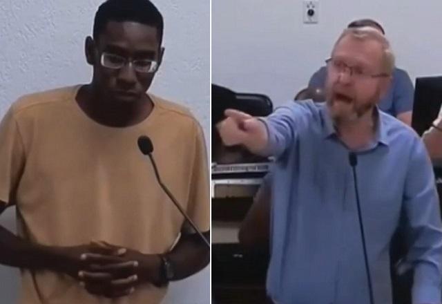 Montagem de fotos com jovem negro de óculos discursando em tribuna e, à direita, homem branco agressivo, aos berros e apontando dedo