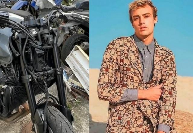 Montagem de fotos com motocicleta e homem branco ao lado