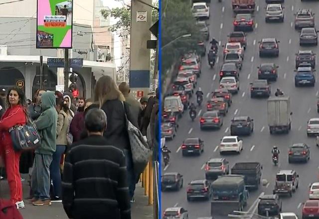Montagem de fotos com movimentação de pessoas em terminal de ônibus e, à direita, imagem aérea de trânsito