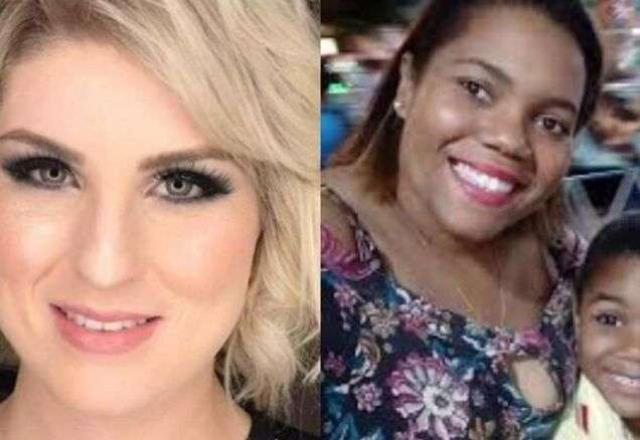 Montagem de fotos com mulher branca e loira sorrindo para a foto e, à direita mulher negra abraçada com garotinho negro