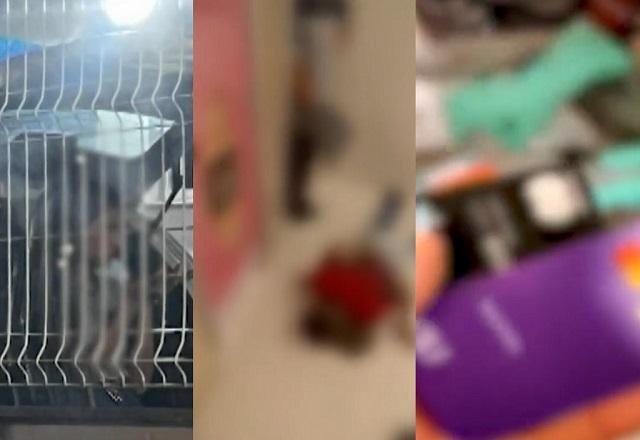 Montagem de fotos com mulher mexendo no celular, mulher deitada no chão de banheiro olhando por baixo de cabine, e cartões de crédito espalhados na mão de pessoa
