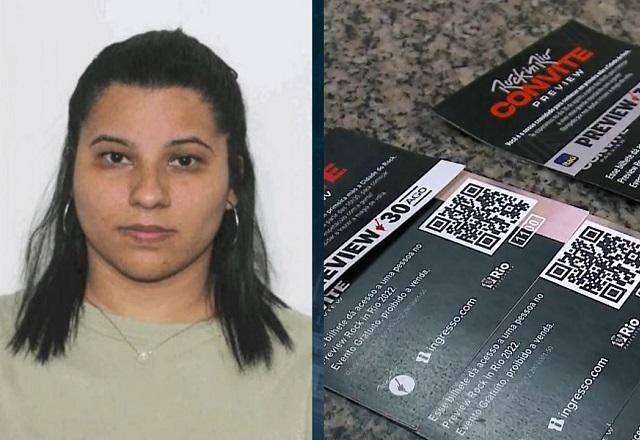 Montagem de fotos com mulher negra, de blusa verde e cabelos lisos em foto 3x4 à esquerda e, á direita, ingressos de evento distribuídos diagonalmente em mesa de mármore marrom