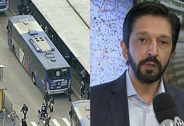 Montagem de fotos com ônibus estacionado em avenida e, do lado direito, homem branco de terno