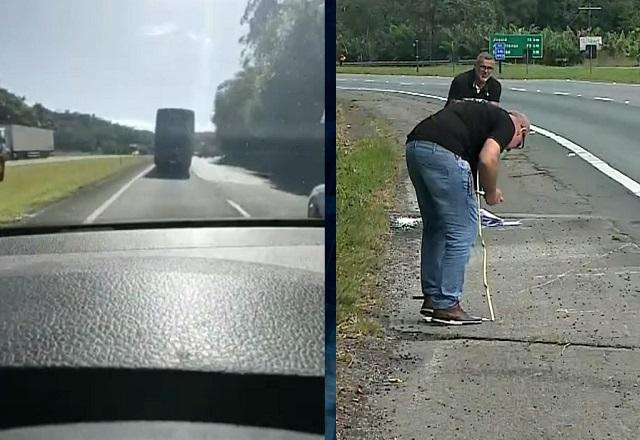 Montagem de fotos com onibus trafegando em estrada e peritos analisando asfalto