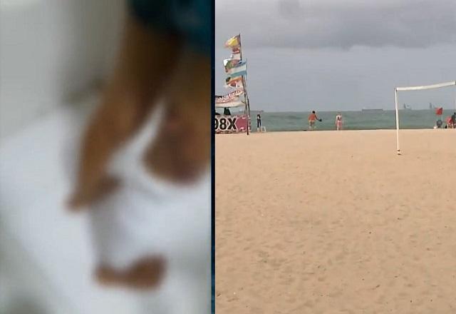 Montagem de fotos com perna queimada de menino, com curativo e desfocada para não identificação e, à direita, praia durante o dia, com o mar ao fundo