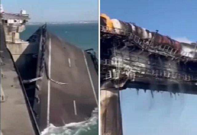 Montagem de fotos com ponte danificada e com destroços ao mar e, à direita, vagões de trem incendiados em ponte suspensa