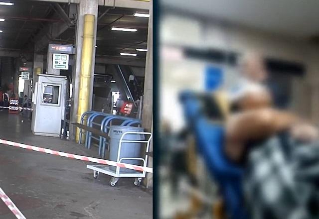 Montagem de fotos com terminal de ônibus e mulher queimada sendo hospitalizada em maca