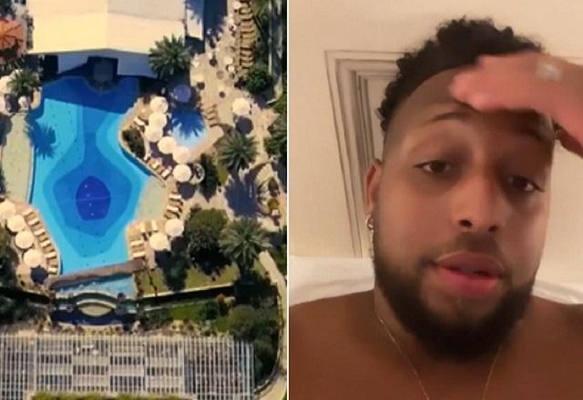 Montagem de fotos com vista aérea de área de lazer de resort, com piscinas e coqueiros à direita e, à esquerda, homem negro com a mão na cabeça