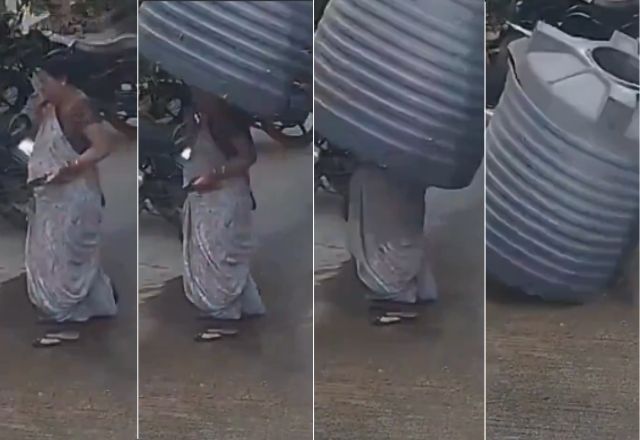 Mulher foi atingida em cheio pela caixa d´água e ficou ilesa | Reprodução