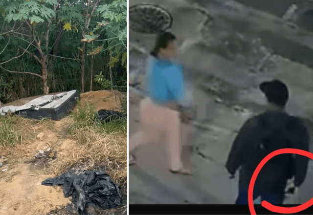 Colchão queimado usado pelo suspeito; ao lado, homem armado aborda vítima | Reprodução