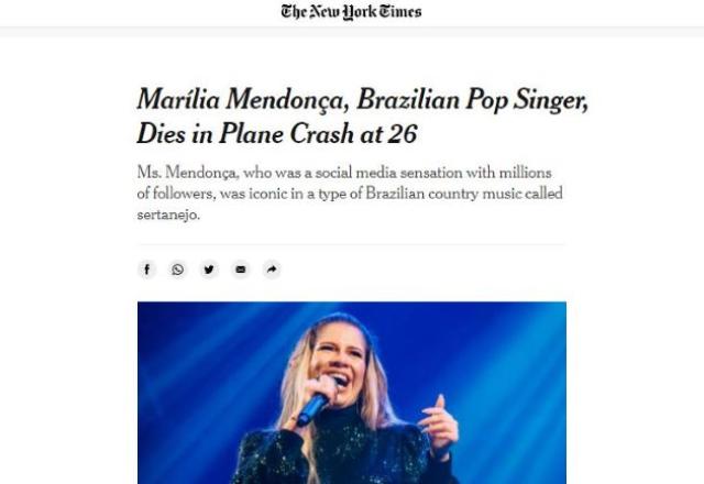Notícia da morte de Marília Mendonça no The New York Times